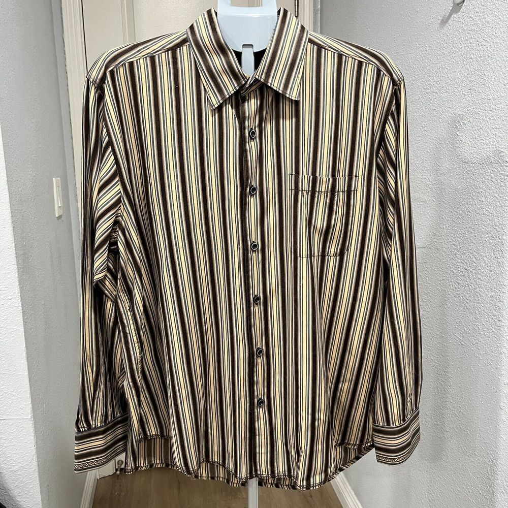Tommy Bahama Silk Shirt Mens Large Button Up Brown Blue Striped Long Sleeve
